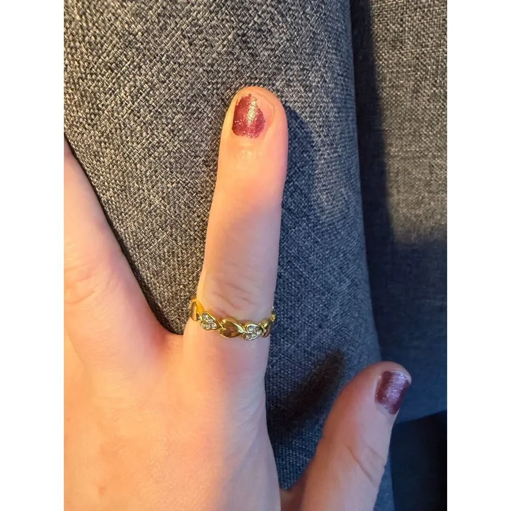 Gold Rhinestone Heart Band Ring Open Back Adjustable Stackable Y2K Cute 7.5